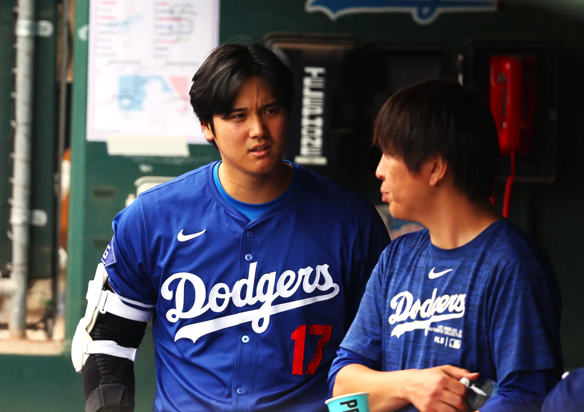 Shohei Ohtani, on the left, and his ex-interpreter, Ippei Mizuhara, earlier this month. Mizuhara is accused of embezzling funds from the athlete for gambling purposes.